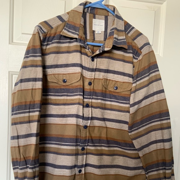 American Eagle Outfitters men’s button up flannel shirt size L Tan/blue/Beige - Picture 5 of 8